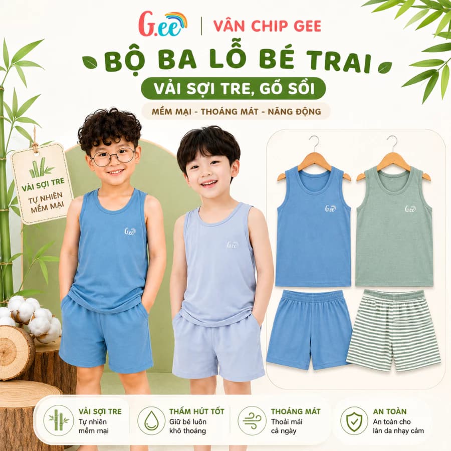 Bộ ba lỗ bé trai vải Gỗ sồi siêu mềm mát, bé thoải mái cả ngày- Gee