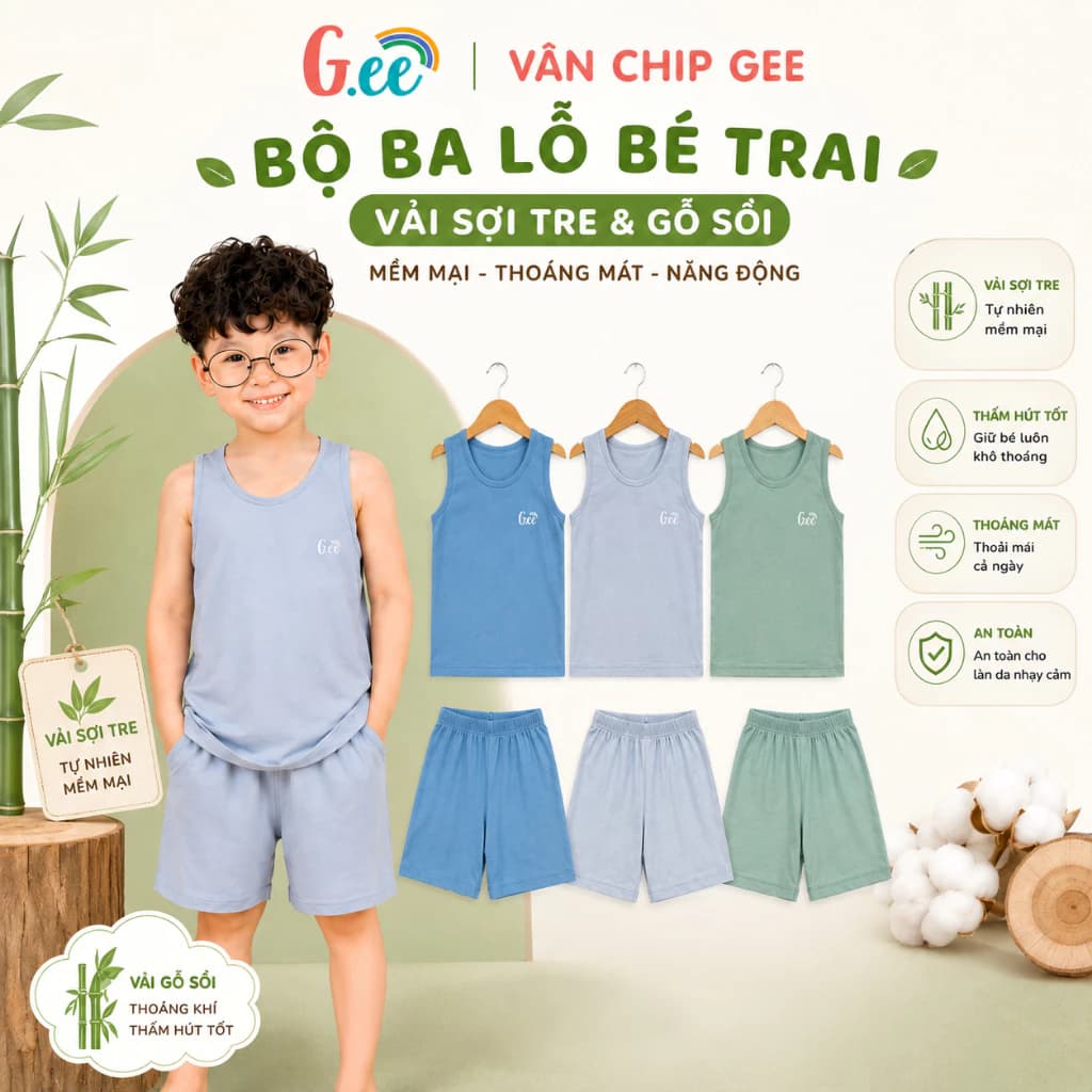 Bộ ba lỗ bé trai giải nhiệt mùa hè, chất liệu vải sợi tre gỗ sồi mềm mát thấm hút mồ hôi