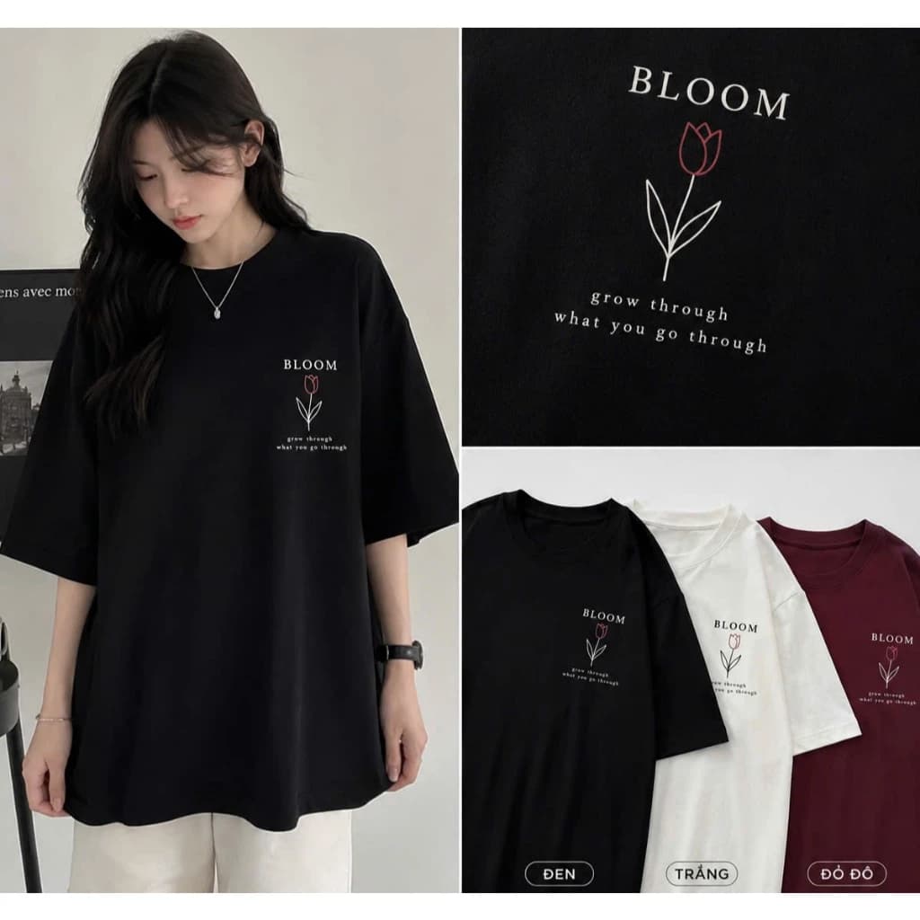 Áo thun phông 3158 form rộng KONOVA chất liệu cotton khô in hình hoa TULIP