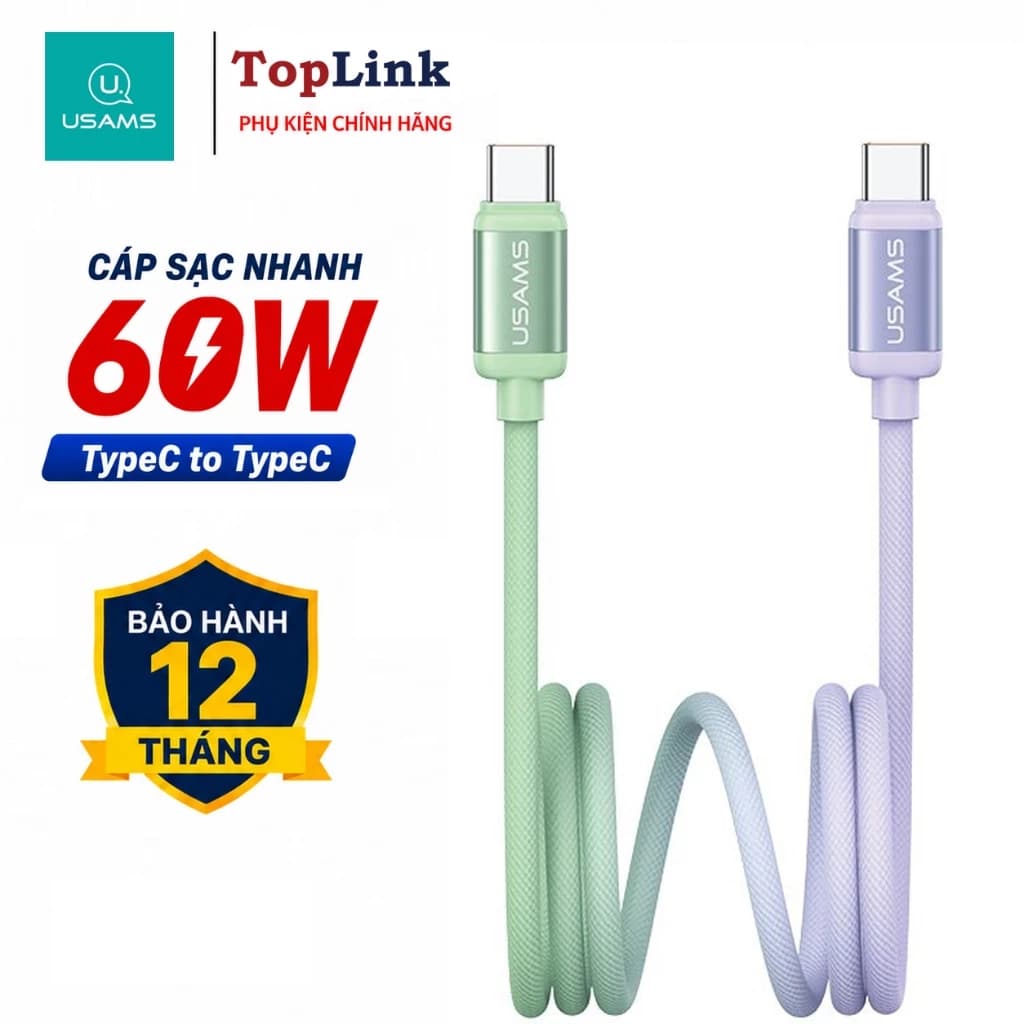 Dây sạc nhanh 60w Usams C ra C PD Cho IP 15/16/17 Chuẩn Huawei FCP/ Xiami QC/ SamSun AFC Bọc Dù Truyền 480Mbps 25cm 1.2m