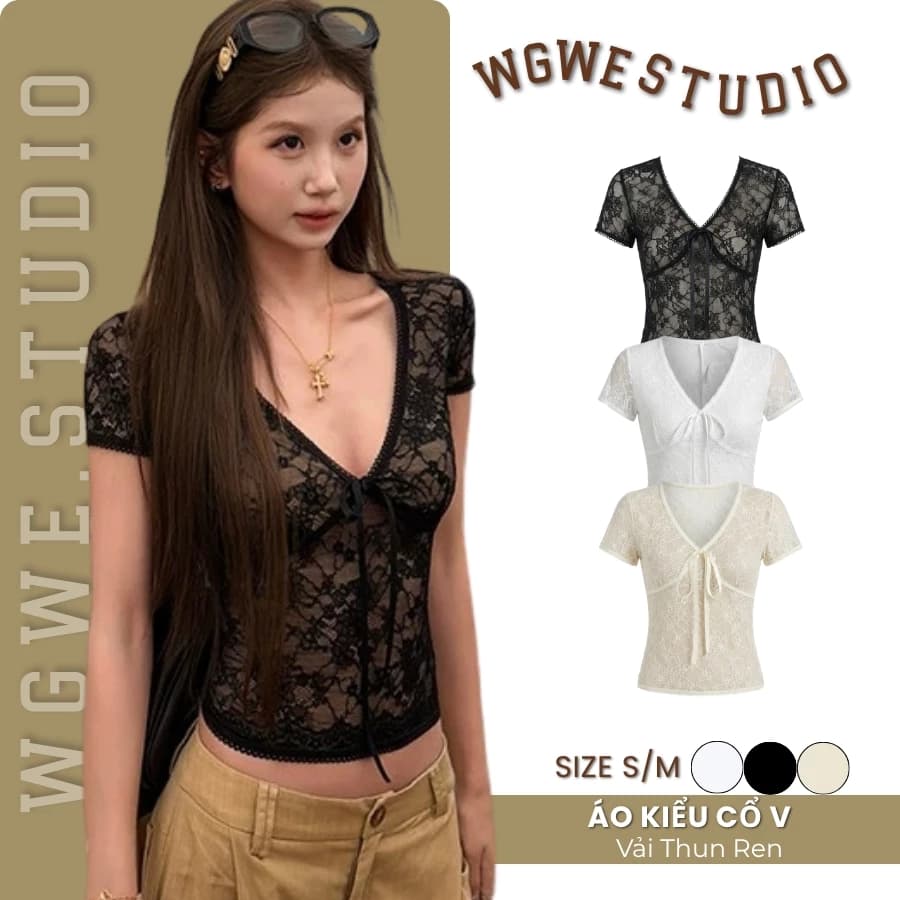 WGWE Studio Áo Kiểu Nữ Cổ Tim Phối Ren Viền Ngực Chất Cotton Co Giãn 4 Chiều 9752