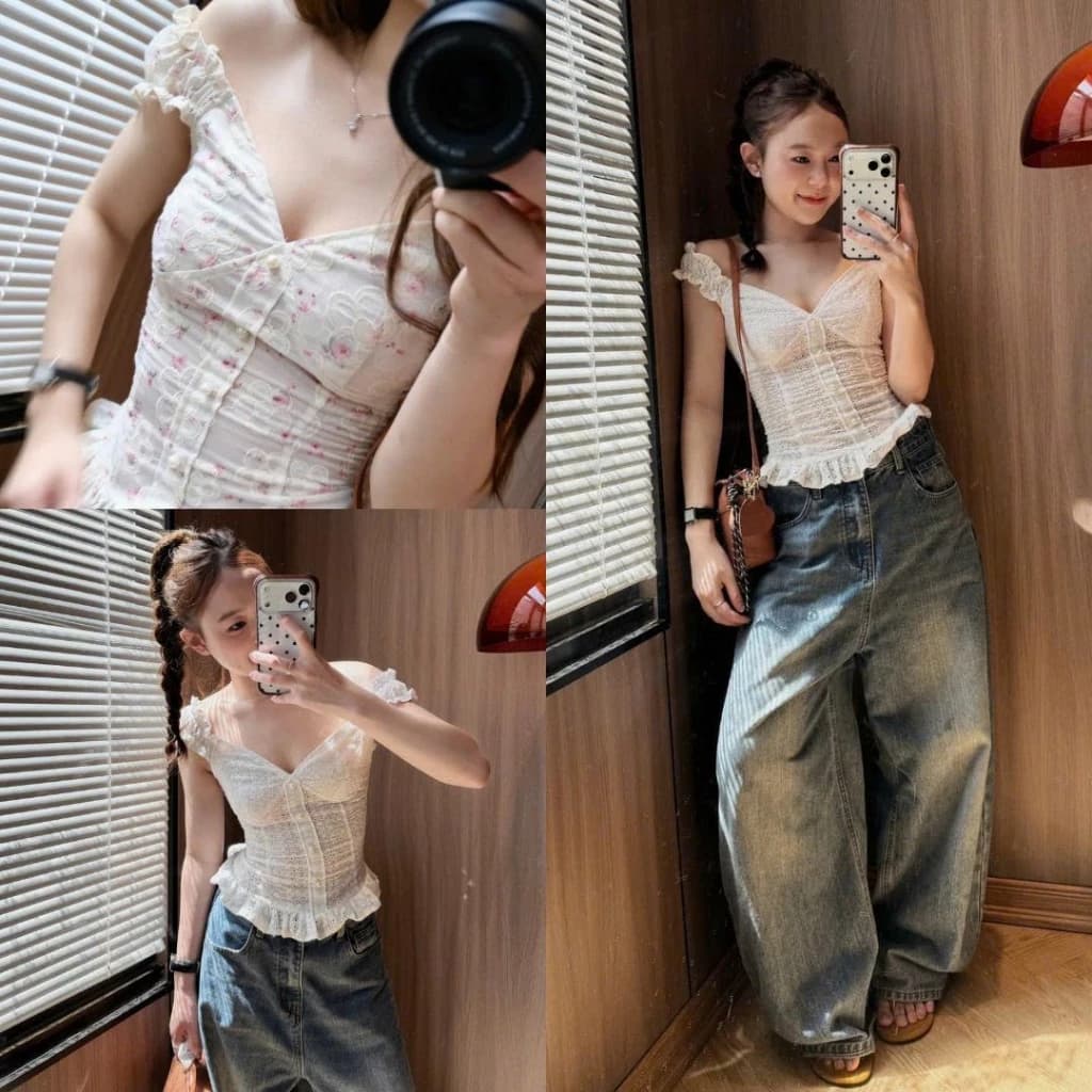 Áo Kiểu Nữ Cổ V Thêu Hoa Viền Bèo Tay Ngắn Tiểu Thư Hàn Quốc Trẻ Trung Dễ Phối Đồ 247Store