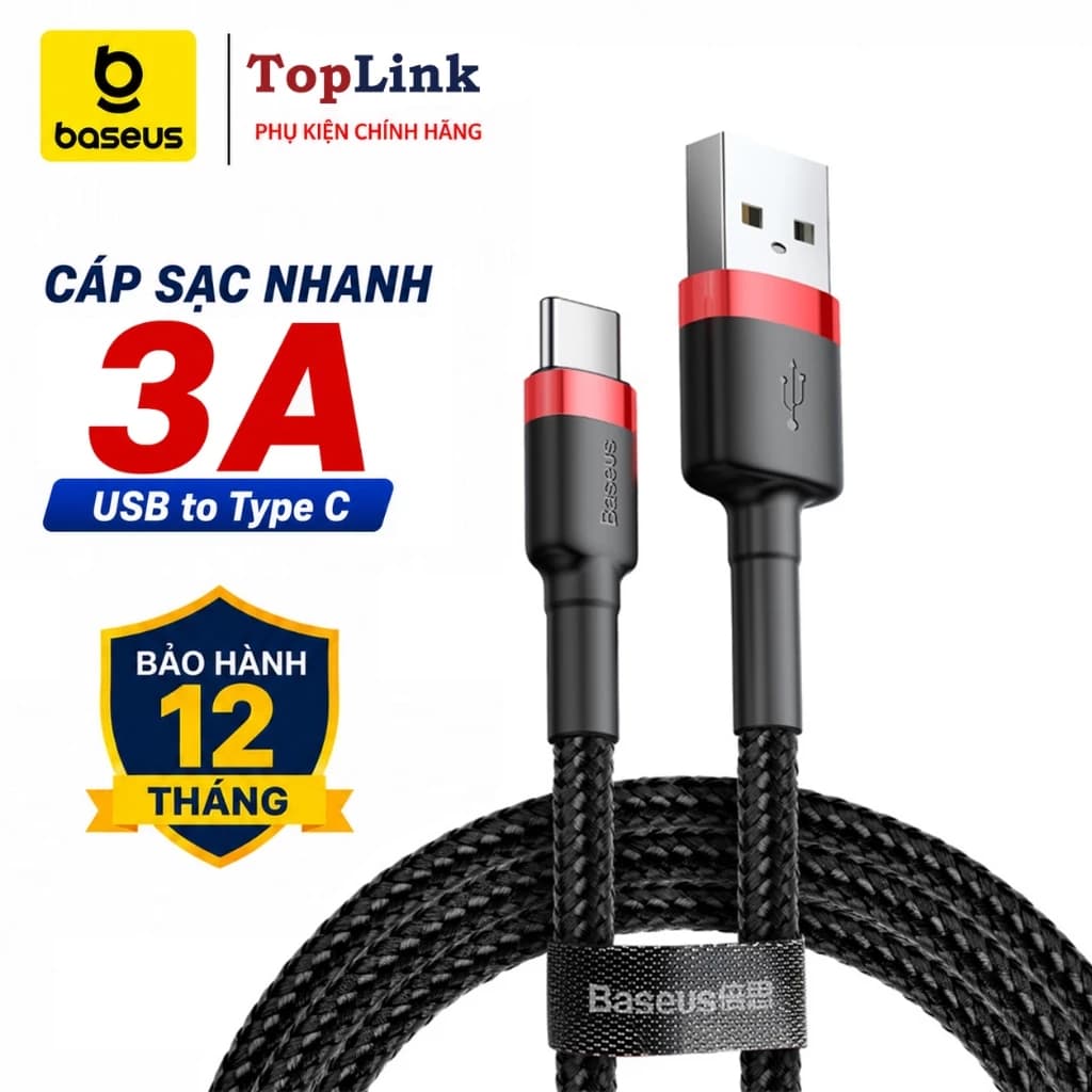 Cáp Sạc Nhanh Type-C Baseus CATKLF Sạc Nhanh 3A Q.C 3.0, Data Cho Samsung/Xiaomi/Huawei/Oppo, Dây Bọc Dù - TopLink