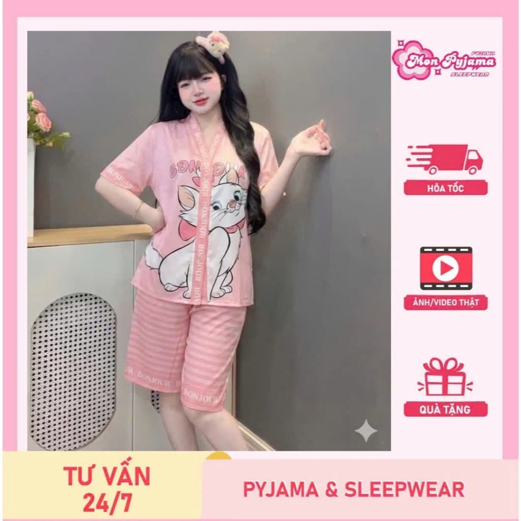 Đồ bộ mặc nhà nữ dễ thương,đồ bộ nữ lụa latin cổ Y,bộ ngủ nữ lửng mềm mịn mát họa tiết dễ thương[80]