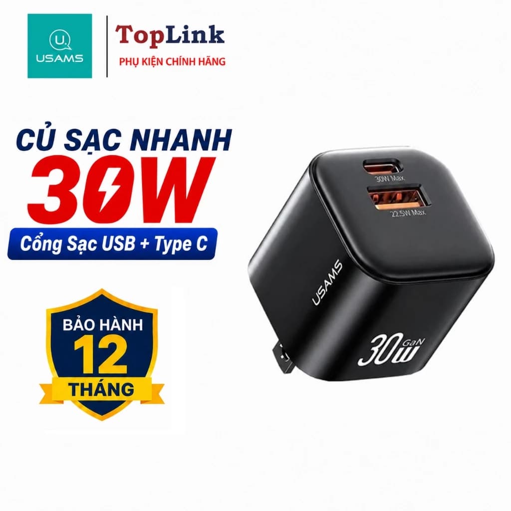 Củ Sạc Nhanh Usams Gan 30W/20W Cổng U+C Công Nghệ An Toàn Chống Quá Nhiệt Cho Ip 13 14 15 16 17 Android