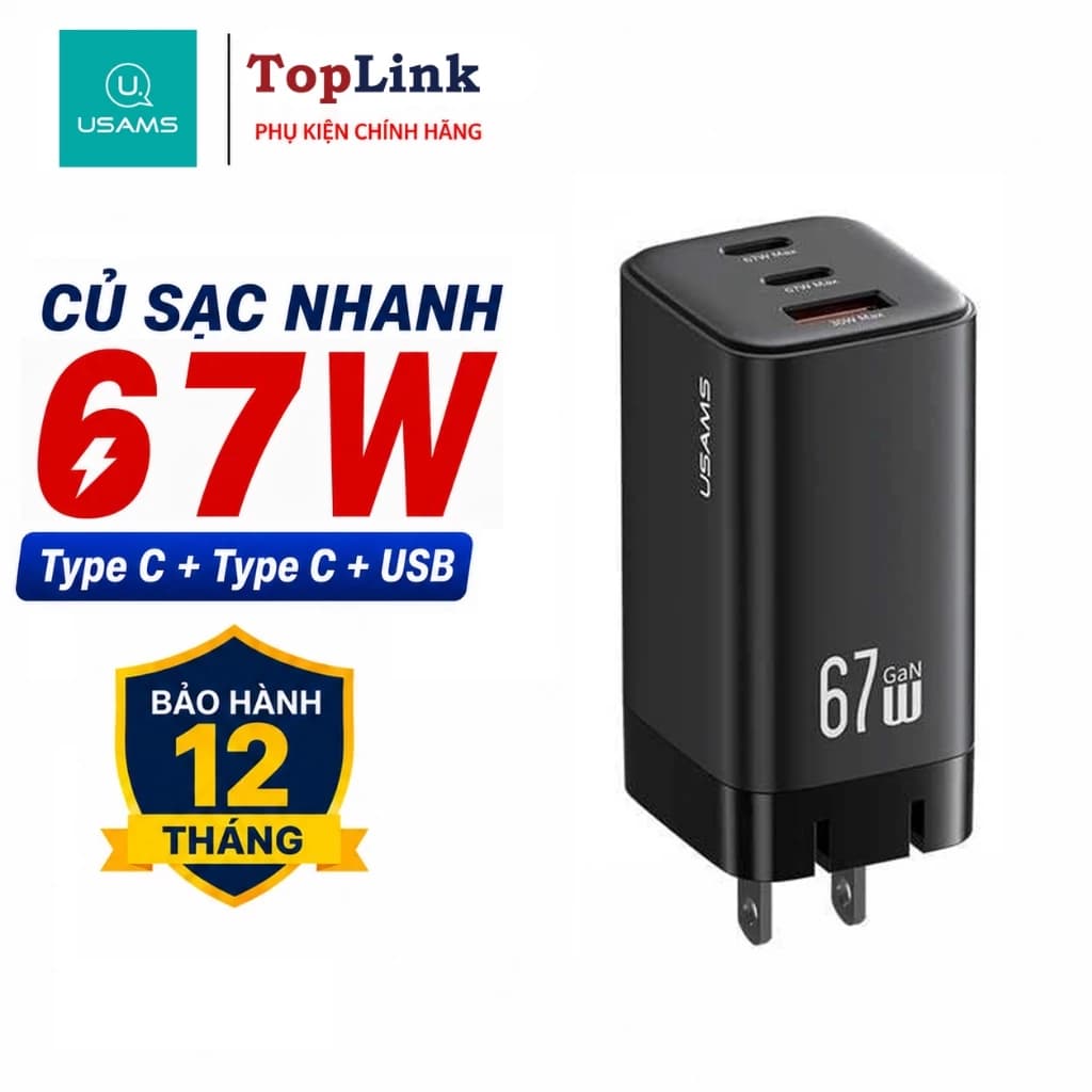 Củ sạc nhanh 67w 3 cổng U+C+C USAMS CC272 công nghệ GaN Cho IP 14 15 16 17 Xiaomi Samsun