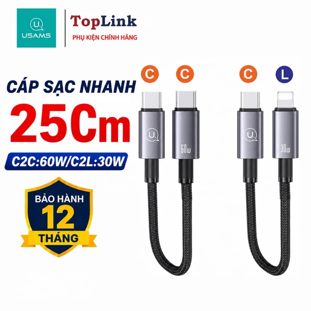 Cáp Sạc Nhanh 25cm C2C Sạc 60w /C2L Sạc 30w Usams Truyền Data Bọc Dù Cho IP 11 12 13 14 15 16 17 Samsun Huawei Xiaomi