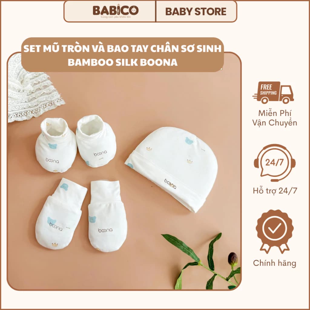 Set Mũ Trùm Đầu Kèm Bao Tay Bao Chân BOONA Chất Liệu Bamboo Silk Mềm Mại, Thoáng Mát Cho Bé Sơ Sinh (Boona)