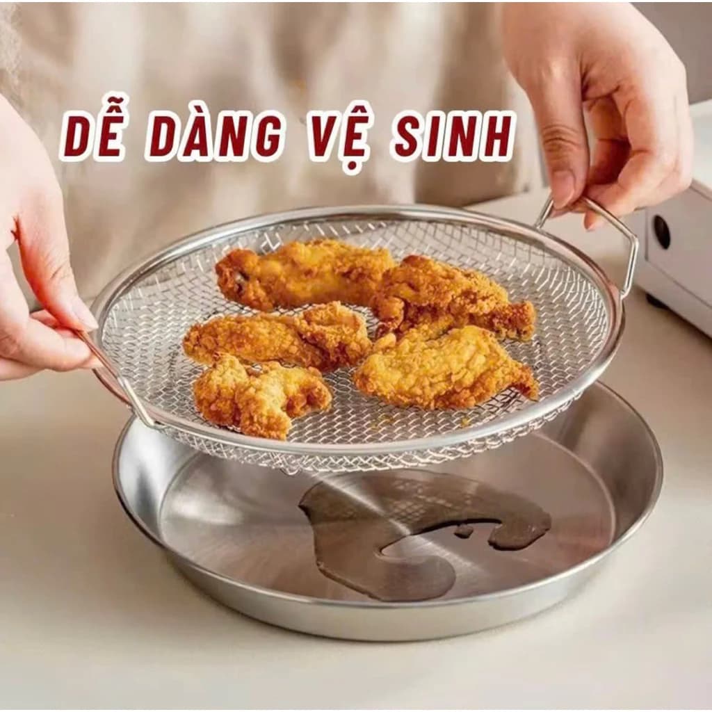 Bộ Khay Kèm Vỉ Lưới lọc dầu chất liệu inox đường kính 22cm, phù hợp sử dụng với nồi chiên không dầu