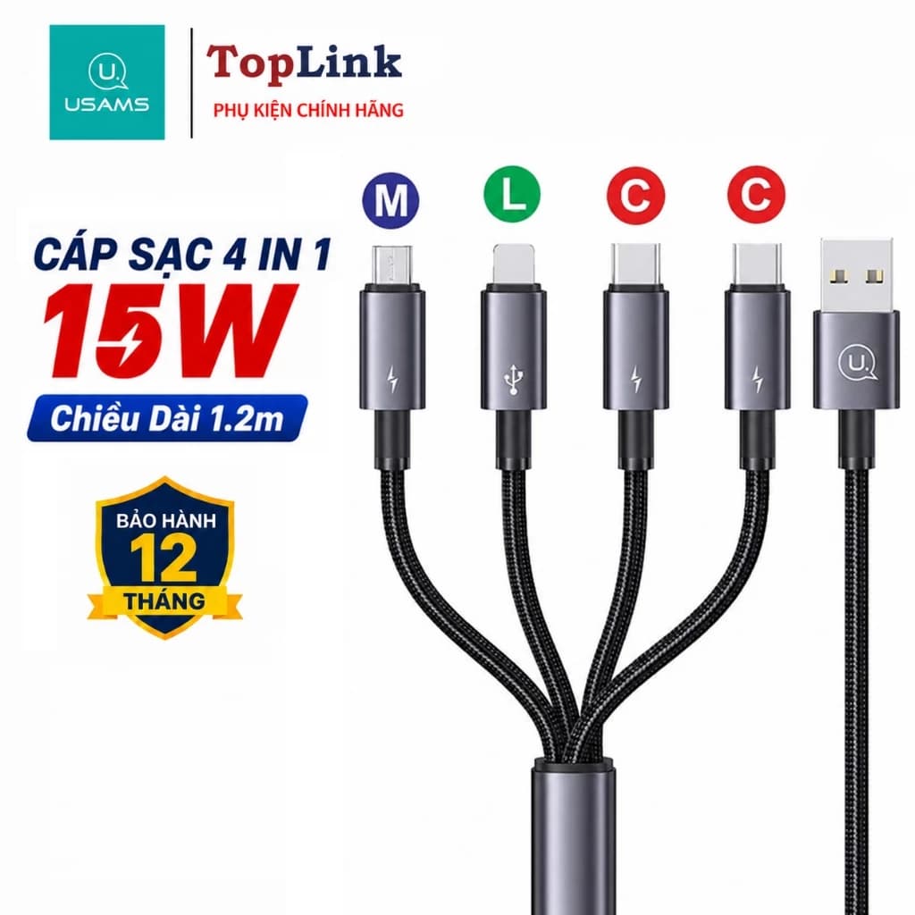 Cáp Sạc Nhanh 15w 4in1 U ra M+C+C+L Usams SJ739 Giải Pháp Sạc Tiện Lợi Cho Mọi Thiết Bị Bọc Dù Chắc Chắn Dài 1.2m