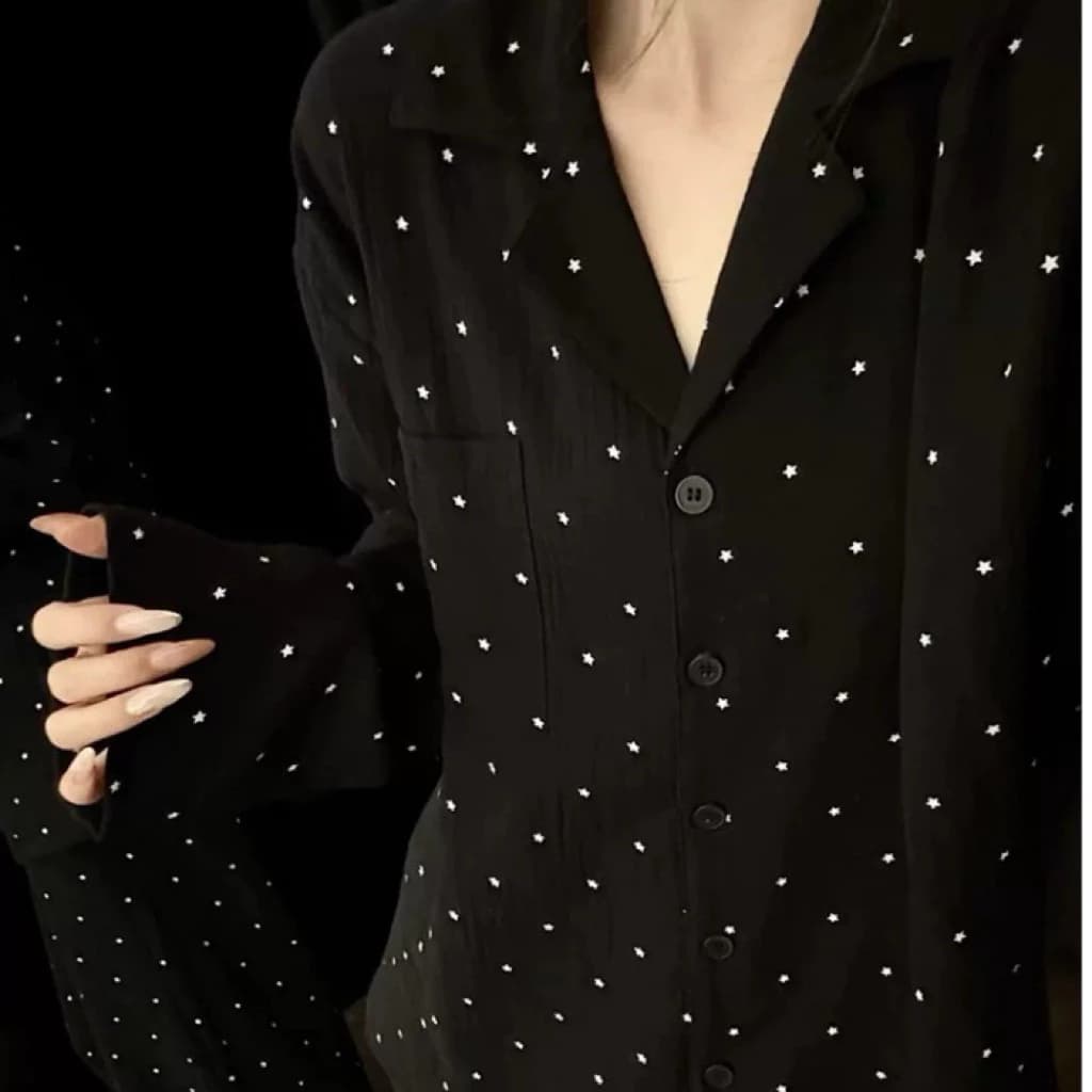 Bộ Đồ Ngủ Nữ Dài Tay Họa Tiết Sao Đêm Khuy Cài - Đồ Bộ Pijama Mùa Hè Vải Cotton Bông Mây Cao Cấp 135gr Siêu Thoáng Mát