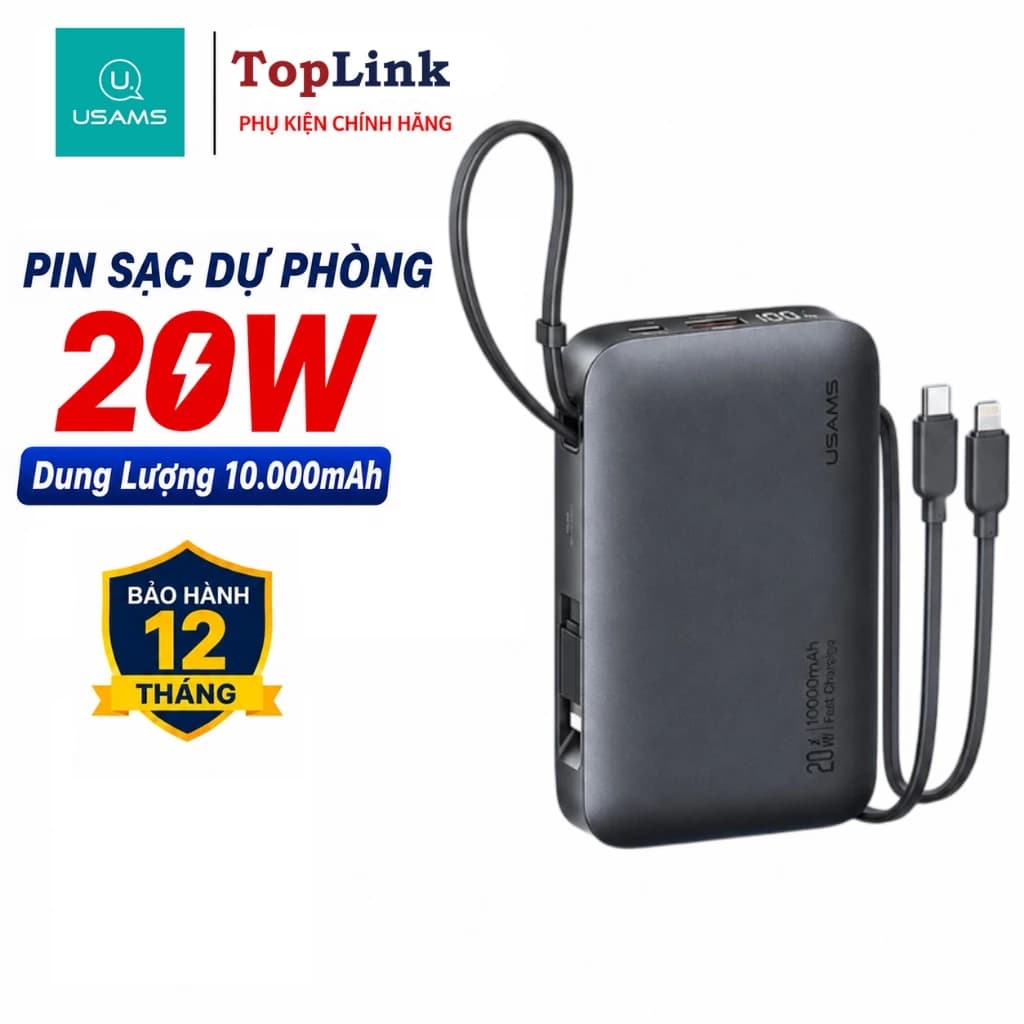 Pin Dự Phòng USAMS CD228 10000mAh PD 20W (Digital Display, Kèm Cáp Type-C + Lightning, 3C Certification)
