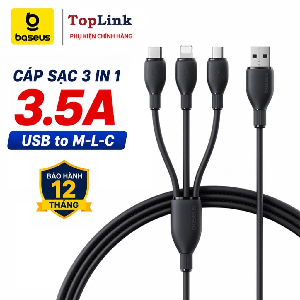 Cáp Sạc Nhanh 3 đầu 3.5a  Baseus Ultra-Fast One-for-Three Fast Charging Cable USB-A to M+L+C 1.3m Truyền Data 480Mbps