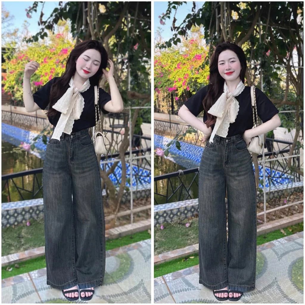(94cm) Quần Jean Nữ  Suông Rông Nấm Trơn QC .jean  ko giãn - Shop Nhí ( Quần suông nấm ) 6261