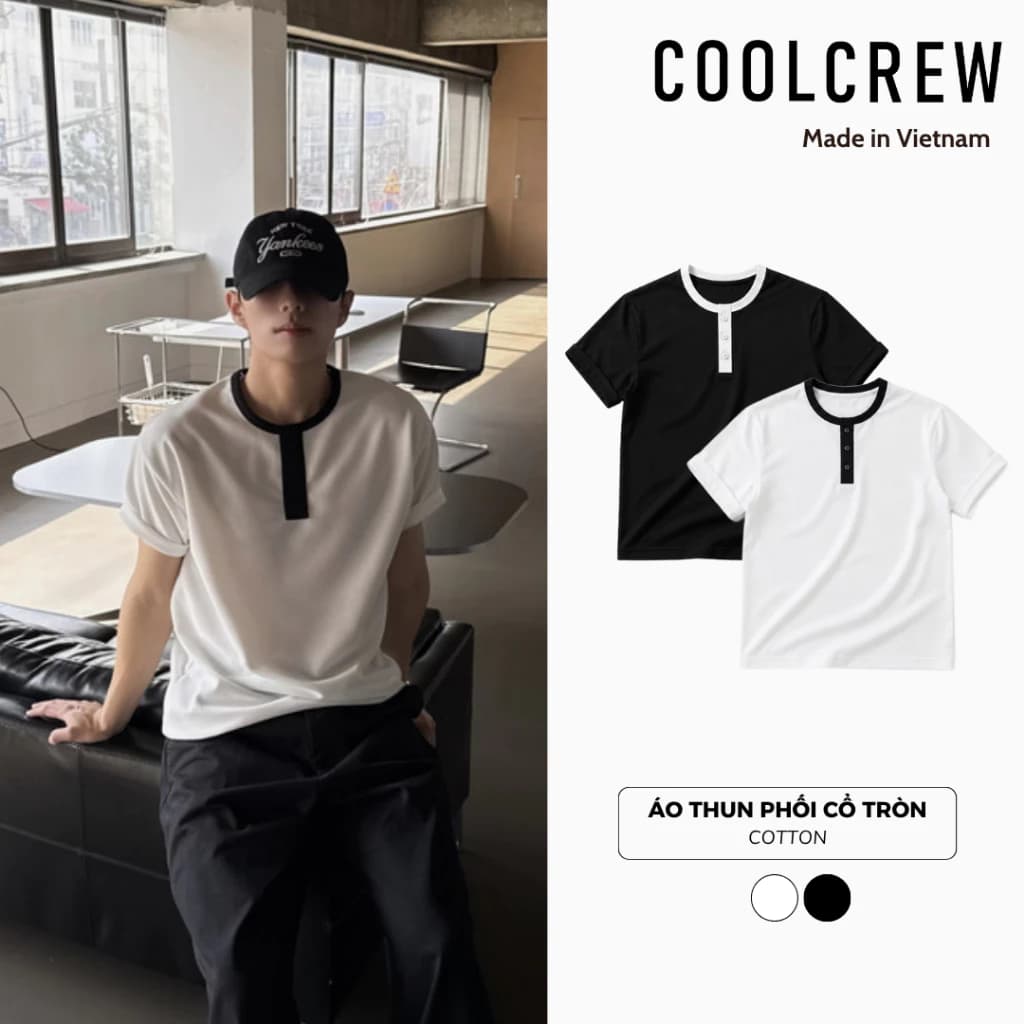 Áo Thun Phối Cổ Tròn Đen 𝐂𝐎𝐎𝐋𝐂𝐑𝐄𝐖 Unisex Nam Nữ Phong Cách Thời Trang Hàn Quốc ATN117