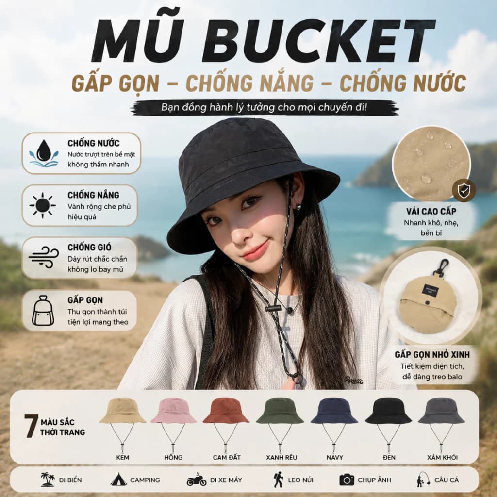 Mũ Bucket Gấp Gọn MH19 Chống Nắng Chống Nước Có Dây Rút Chống Gió Mũ Du Lịch Đi Biển Camping Outdoor Nam Nữ AK House