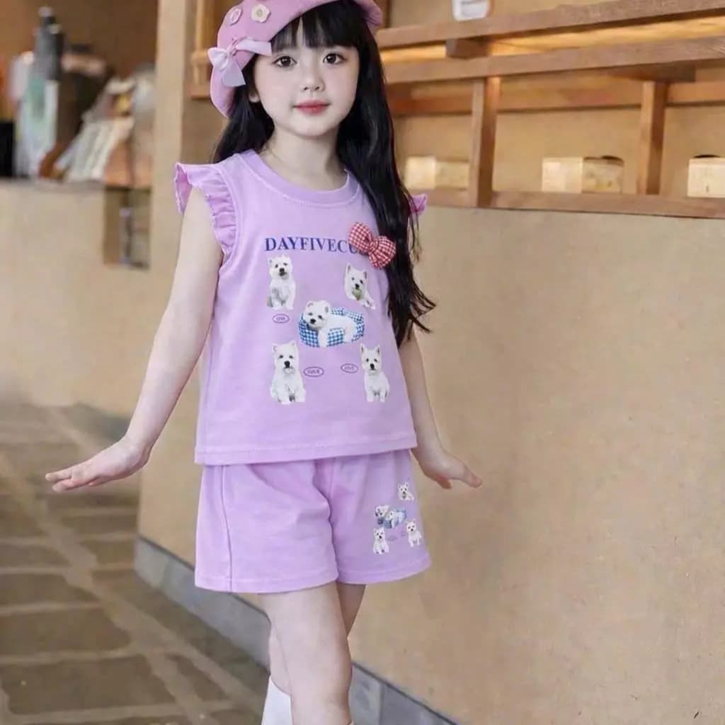 Bộ Quần Áo Bé Gái Tay Bèo In Hình Cún Dễ Thương Size 8-22kg Chất Liêu Cotton Mềm Mịn Thoáng Mát (Tay bèo cún)