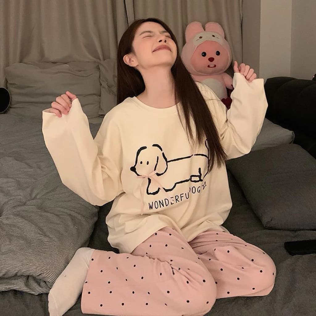Đồ bộ thun tay dài Quảng Châu, pijama quần dài, đồ mặc ở nhà họa tiết hoạt hình dễ thương