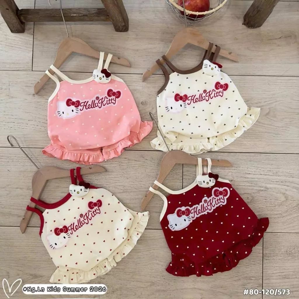 Bộ Quần Áo 2 Dây Bé Gái In Hình Mèo Hello Kitty Dễ Thương Size 8-22kg Chất Liêu Cotton Mềm Mịn Thoáng Mát (2 dây kitty )