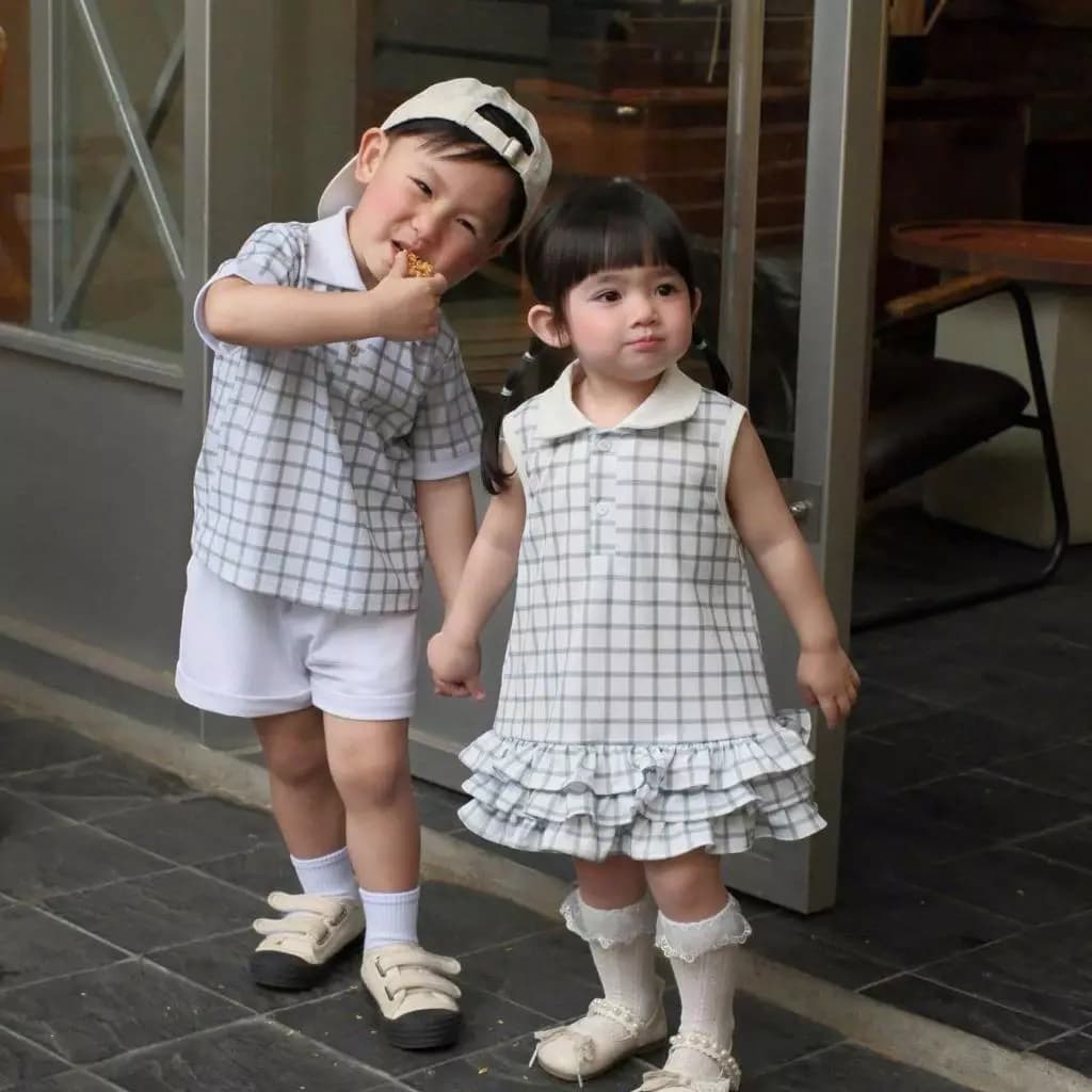 Sét Đồ Đôi Cổ Trụ In Kẻ Dành Cho Bé Trai , Gái Size 9-35Kg ,Chất Liệu Thoáng Thấm Hút Mồi ( Kẻ Caro)