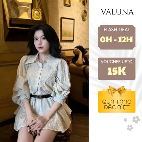Váy sơ mi cổ bản lớn tay phồng thắt eo dáng xòe tiểu thư sang trọng VALUNA STORE 2653