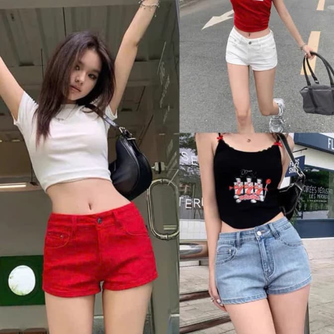 Quần Short Jean Trắng Cạp Thấp Tôn Dáng Phong Cách Y2K Năng Động QS162