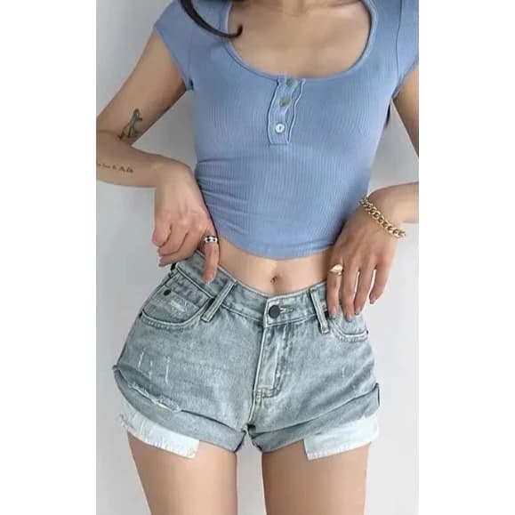Quần Short Jean Xắn Gấu Wash Bạc Cạp Cao Tôn Dáng Cá Tính QS165