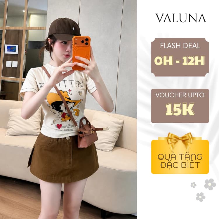 Set áo thun in hình phối chân váy chữ A dáng ngắn trẻ trung năng động nữ tính VALUNA STORE 2652