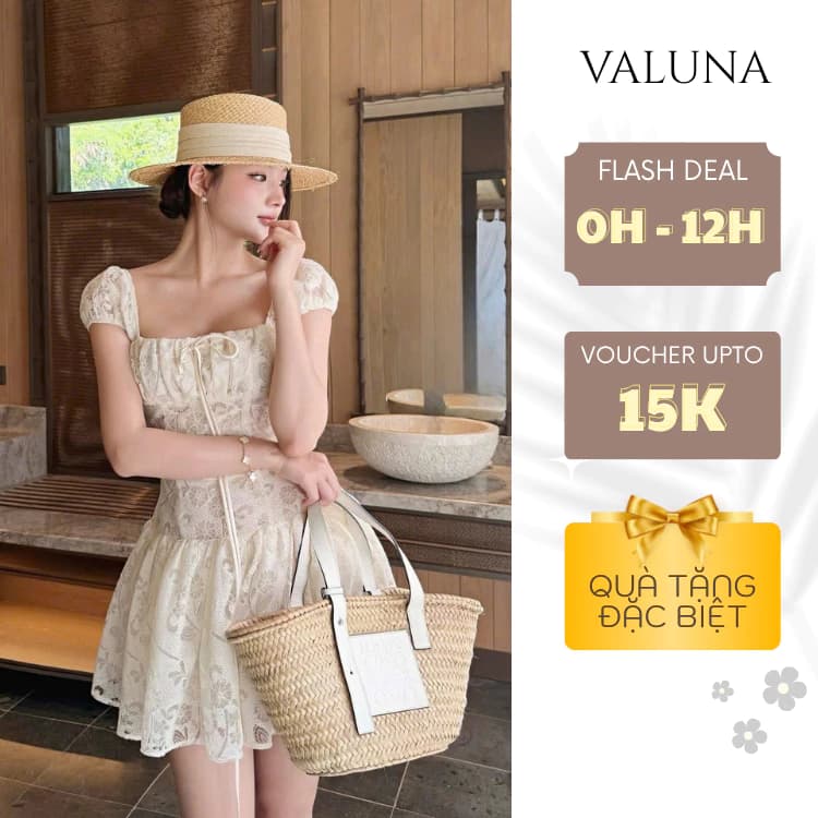 Váy ren hoa cổ vuông tay bồng dáng xòe tiểu thư phong cách Pháp cao cấp VALUNA STORE 2587