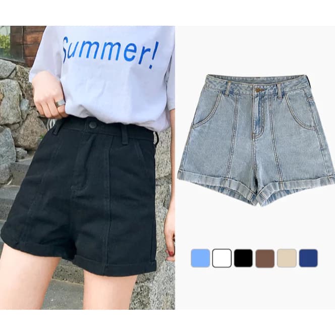 Quần Short Jean Lưng Cao Gấu Xắn Form Suông Basic Hàn Quốc Nhiều Màu QN006