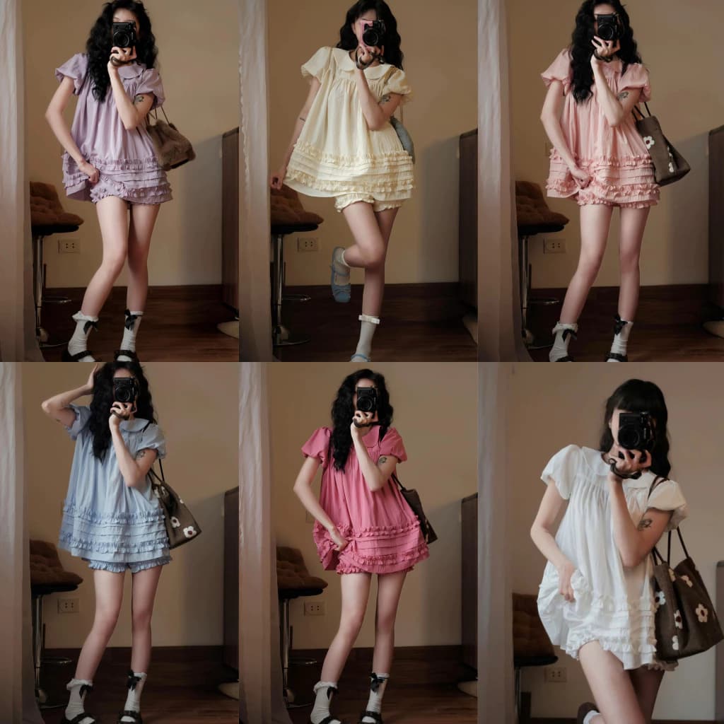 Sét Váy Babydoll Cổ Sen From Rộng Viền Bèo Kèm Quần Phong Cách Hàn Quốc Đáng Yêu