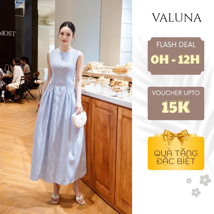 Váy maxi sọc xanh sát nách dáng dài thanh lịch tiểu thư Hàn Quốc cao cấp VALUNA STORE 2648