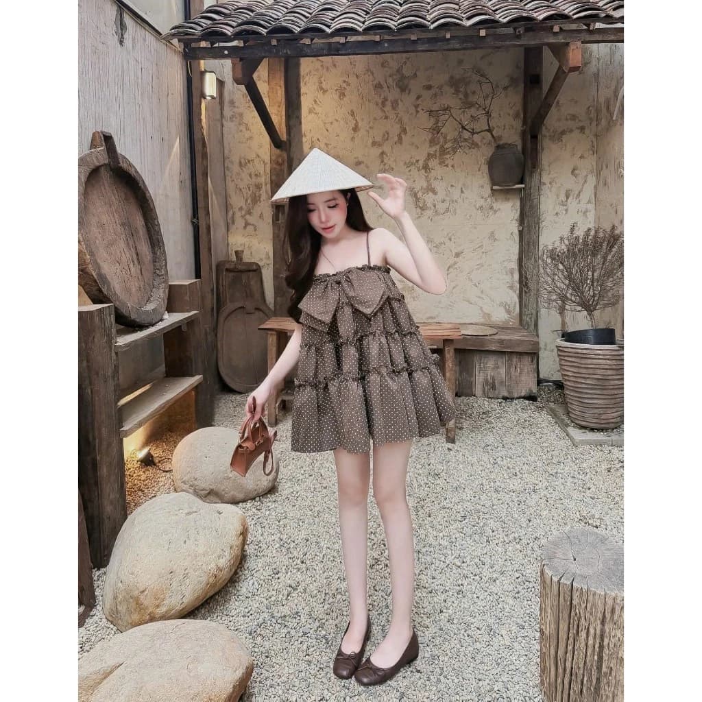 Váy 2 dây chấm bi đính nơ ngực dáng babydoll đầm 3 màu phong cách tiểu thư bánh bèo V44