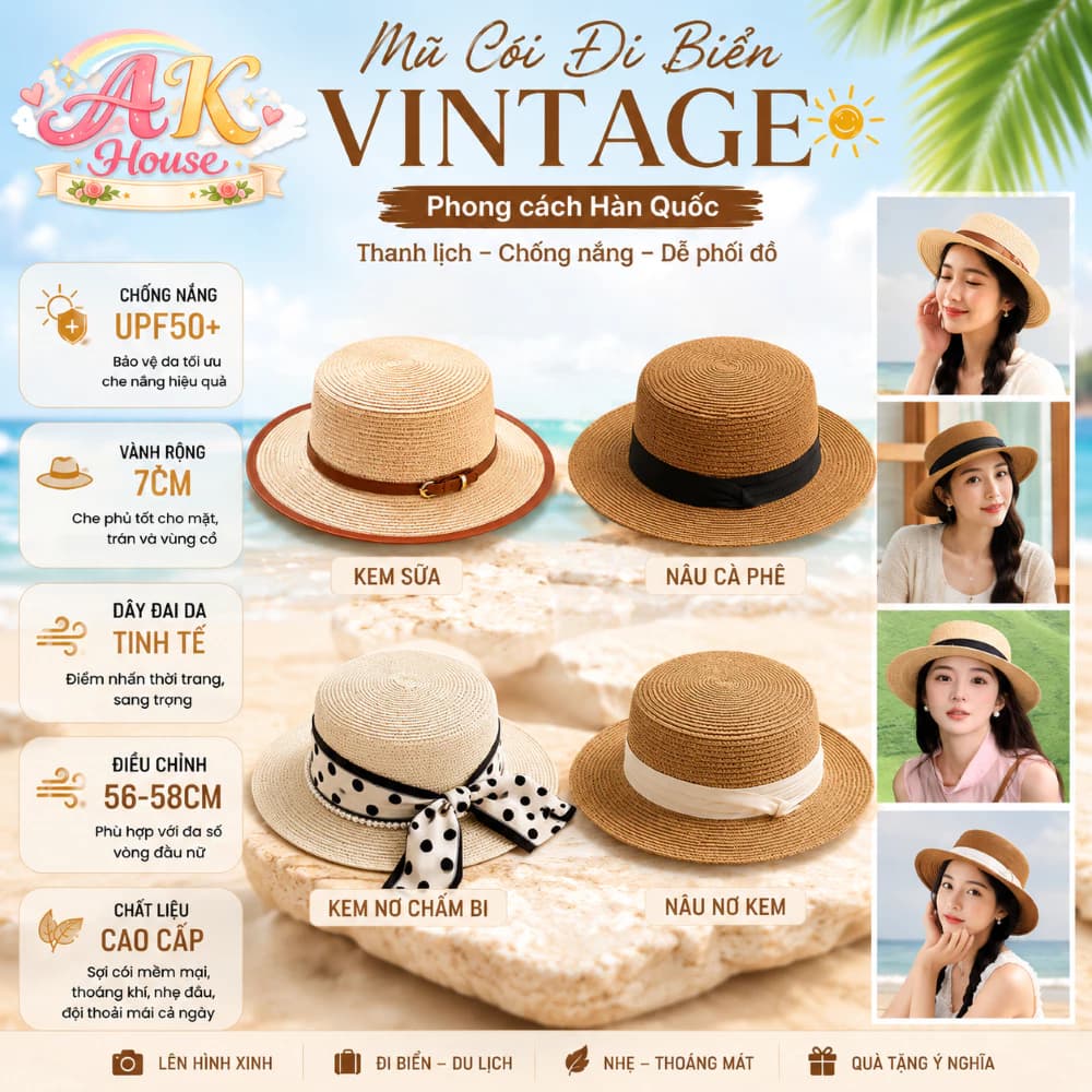 Mũ Cói Đi Biển Nữ MC6 Vành Phẳng Vintage Hàn Quốc Chống Nắng UPF50+ Form Cứng Tôn Mặt Nơ Chấm Bi/Nơ Kem