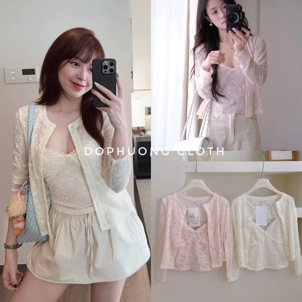 (Hàng đẹp sẵn - có video thật) Set áo cardigan kèm áo 2 dây chất ren thêu hoa CÓ LÓT KHÔNG DẶM NGỨA mã A1299