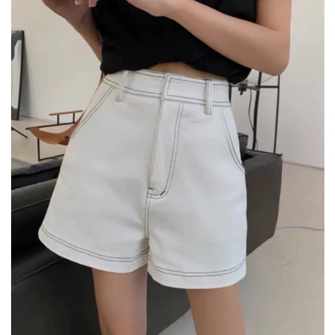 Quần Short Jean Nữ Lưng Cao Ống Rộng Chỉ Nổi Tương Phản QJ874