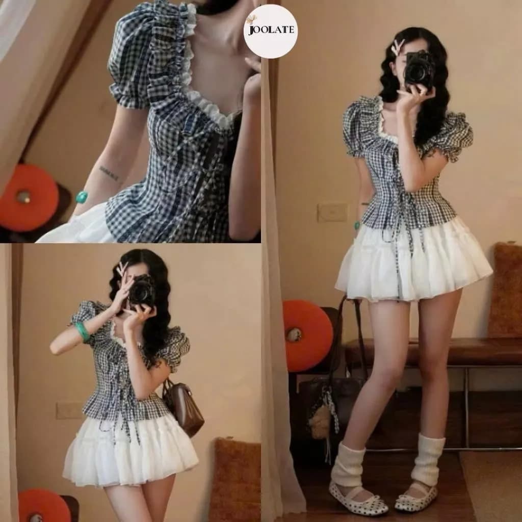Áo Nữ Cổ Vuông Tay Bồng Kẻ Caro Dây Buộc Nơ Xinh Xắn Phong Cách Hàn Quốc Joolate 0606