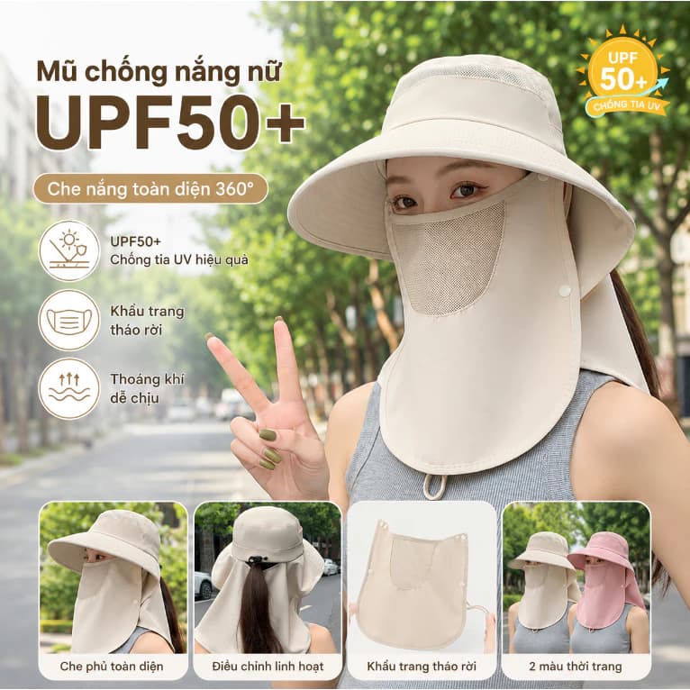 ũ Chống Nắng Cho Nữ Đi Xe Máy UPF50+ Vành Rộng Có Khẩu Trang & Khăn Che Gió Thoáng Khí Bảo Vệ UV Toàn Diện Tiện Lợi