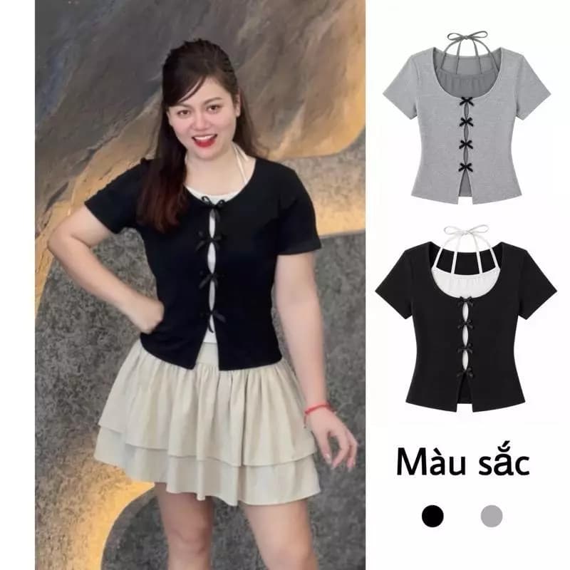 244 BIGGSIZE Áo thun nữ cộc tay phối tạo kiểu cổ yếm đính nơ