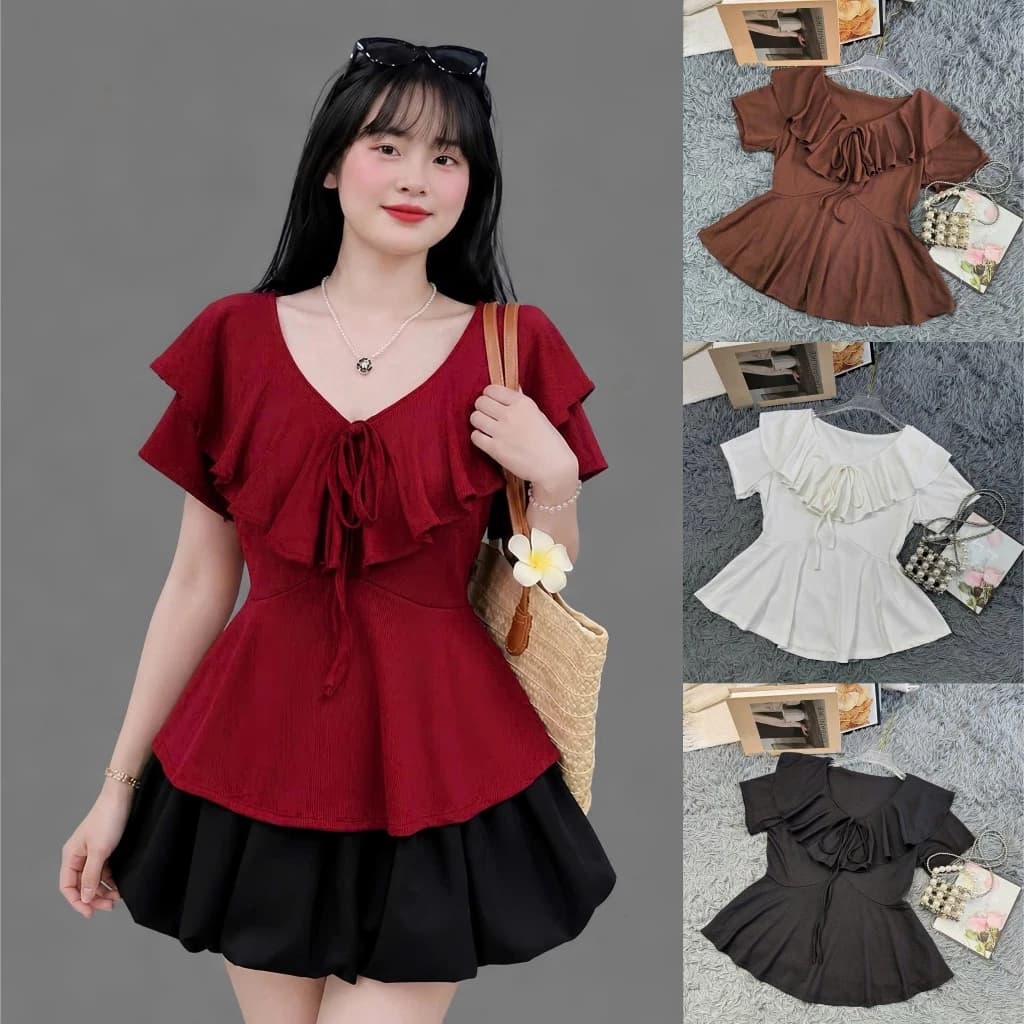 Sét áo thun cổ tim nữ Bigsize phối chân váy bí, trẻ trung năng động thích hợp mang quanh năm-A349+CV413