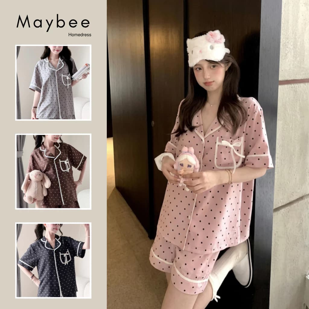MB-SET-029 Set đồ ngủ túi buộc nơ chấm bi nhỏ viền né Maybee Homedress