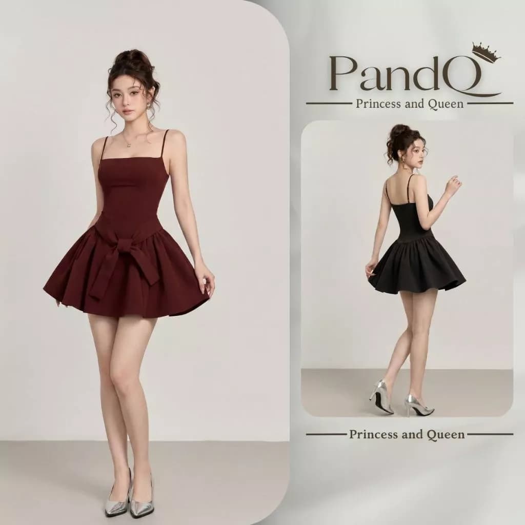 Váy Hai Dây Nữ P&Q Đính Nơ Eo Dáng Xòe Công Chúa Tiểu Thư Dự Tiệc Cao Cấp | vd0136