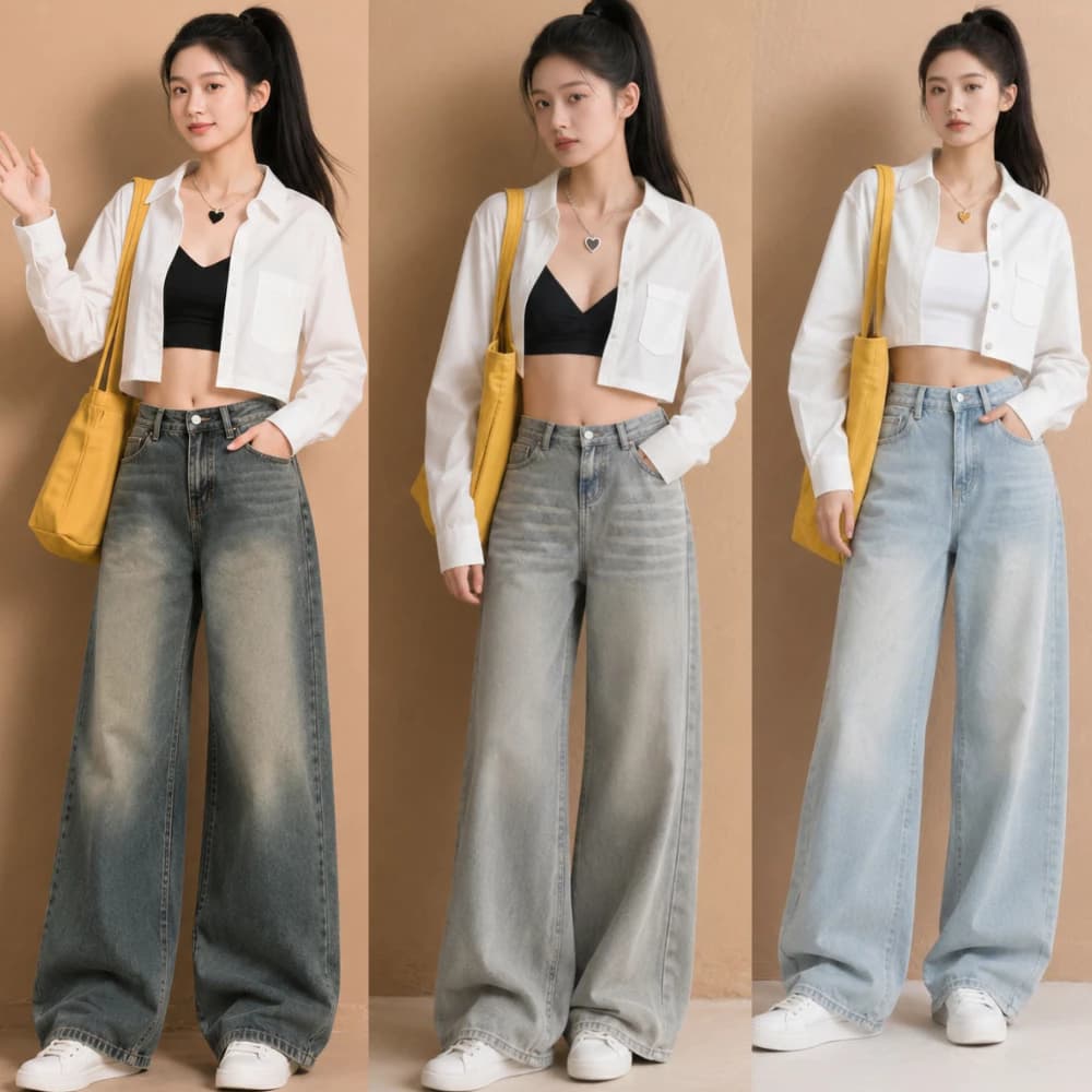 Quần Jean Ống Rộng Nữ MIAA Wash Bụi Màu Đen Và Xanh Lưng Cao Phong Cách Retro Ulzzang Hàn Quốc