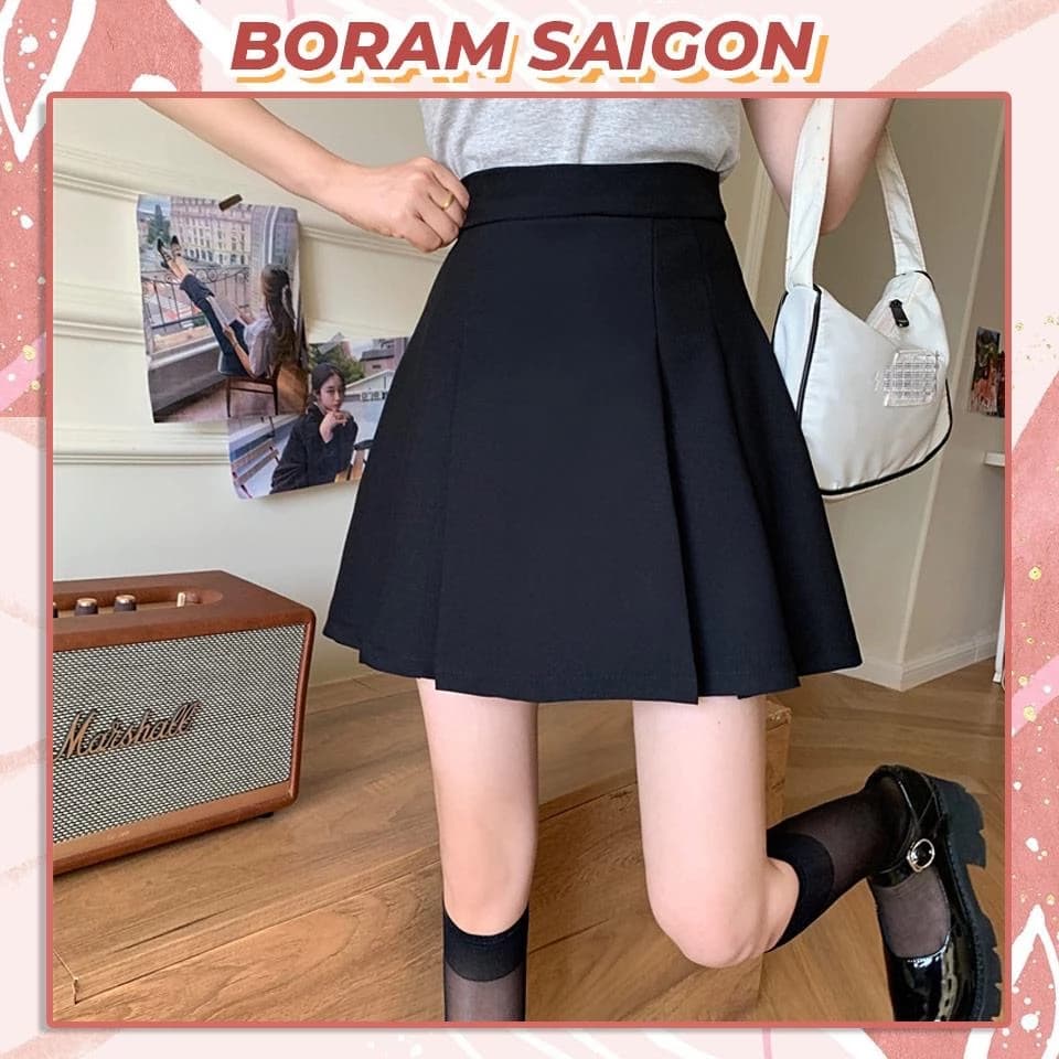 [ĐỒNG GIÁ 59K] Chân Váy Chữ A, Chân Váy Jean Kaki Nữ Cạp Cao-Xếp Ly Có Lót Quần Bảo Hộ BORAM SG