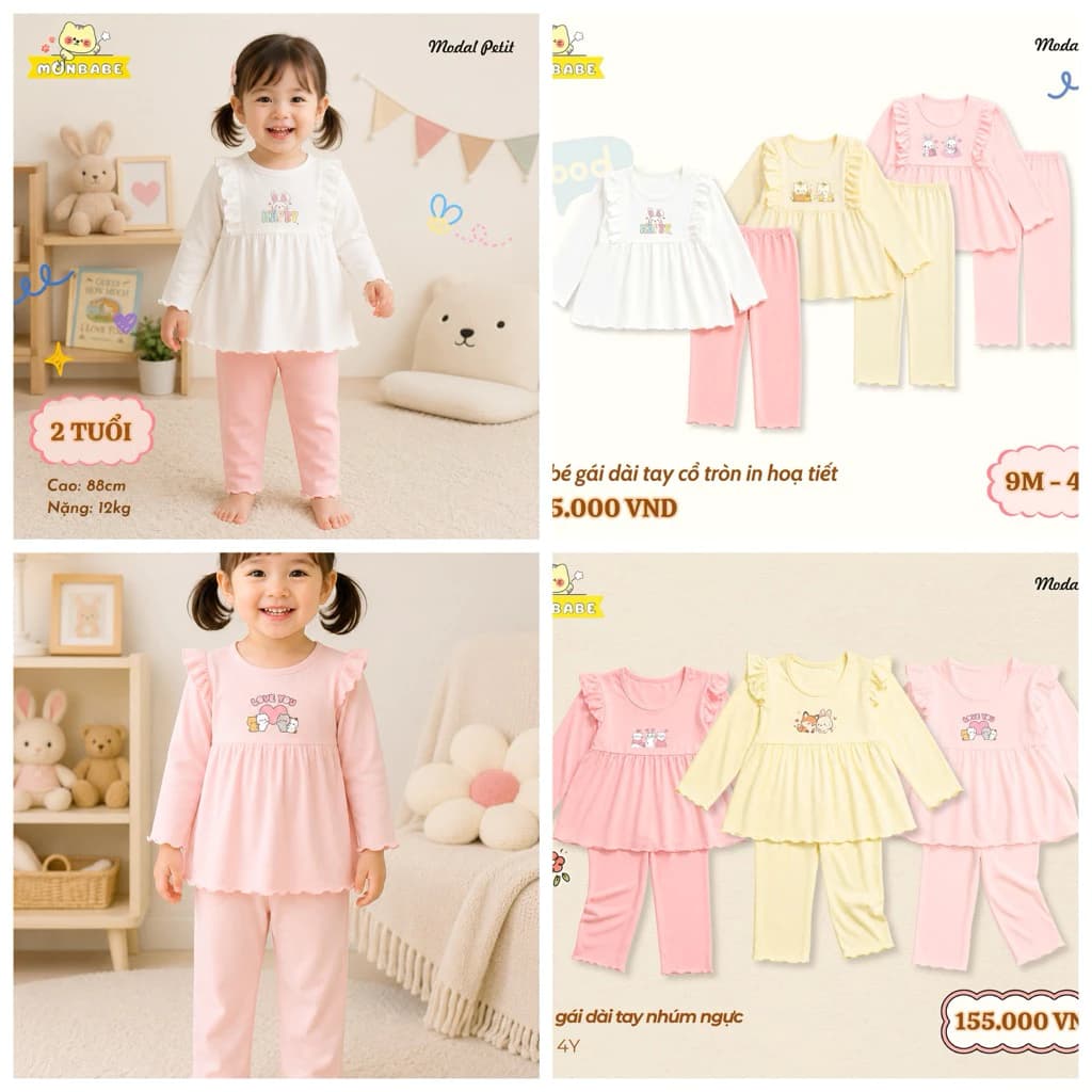 MUNBABE Bộ quần áo dài tay mỏng nhẹ cho bé từ 9 tháng đến 4 tuổi