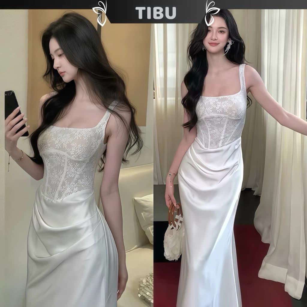 TIBU - Đầm Dự Tiệc Cổ Thuyền Đuôi Cá Dáng Dài Ren Phối Lụa Sang Chảnh Đi Chơi Dạo Phố D782