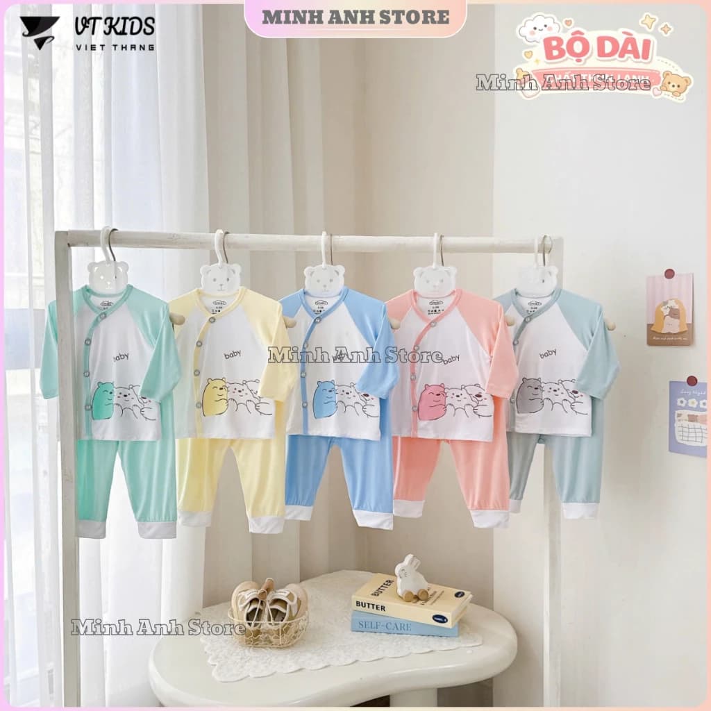 [Combo 3-5] Bộ quần áo dài tay sơ sinh VT cho bé vải thun lạnh khuy chéo phối từ 3-9kg DLM04