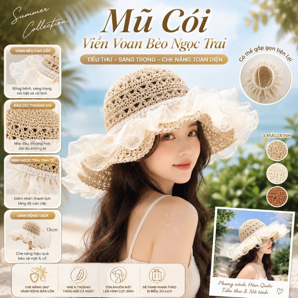 Mũ Cói MC4 Chống Nắng Nữ Vành Rộng 13CM Phối Voan Bồng Xinh – Mũ Đi Biển Hàn Quốc Che Nắng 360° Thoáng Khí