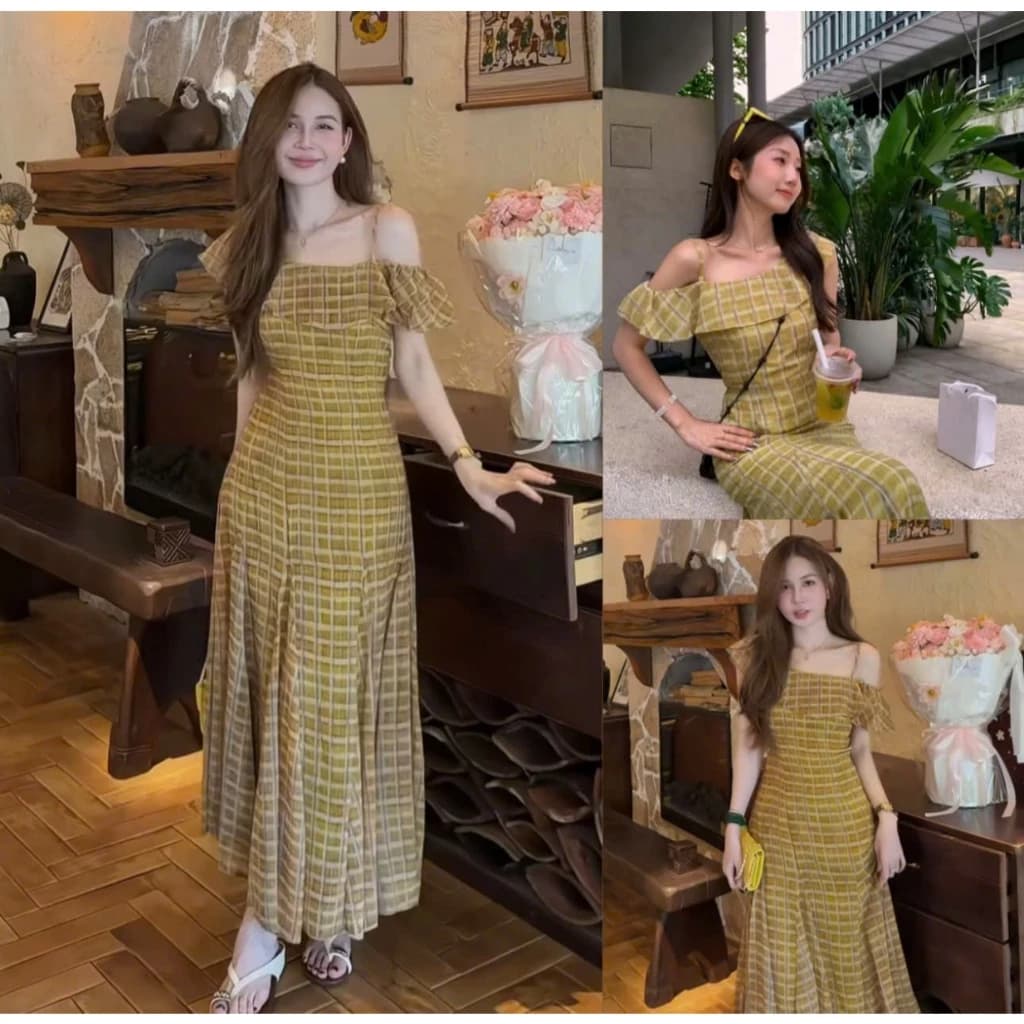 LYN- ĐẦM VÁY NỮ HAI DÂY TRỄ VAI LỆCH DÁNG DÀI NỮ KẺ VÀNG CHANGMOON