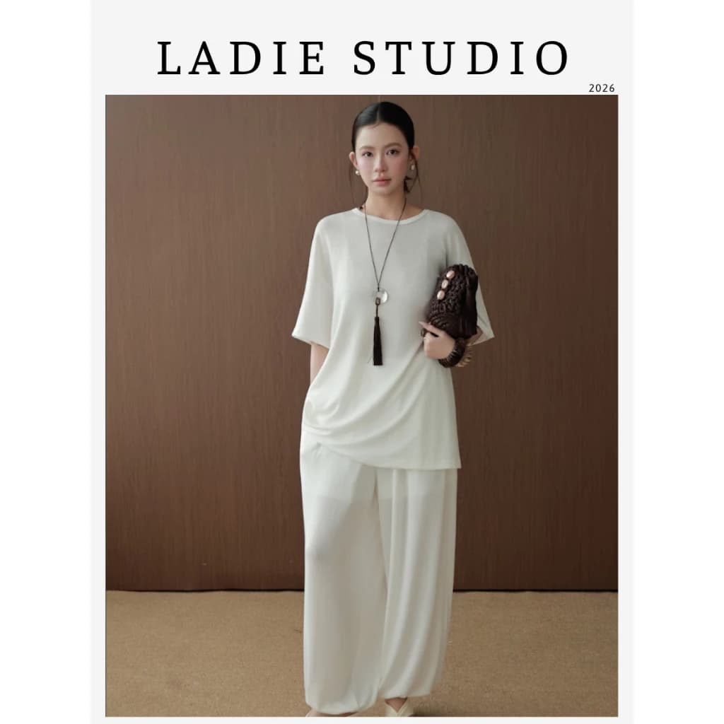[LADIE STUDIO] Set áo tay ngắn và quần dài thun gãy – set đồ nữ suông rộng phong cách tối giản hiện đại SET04